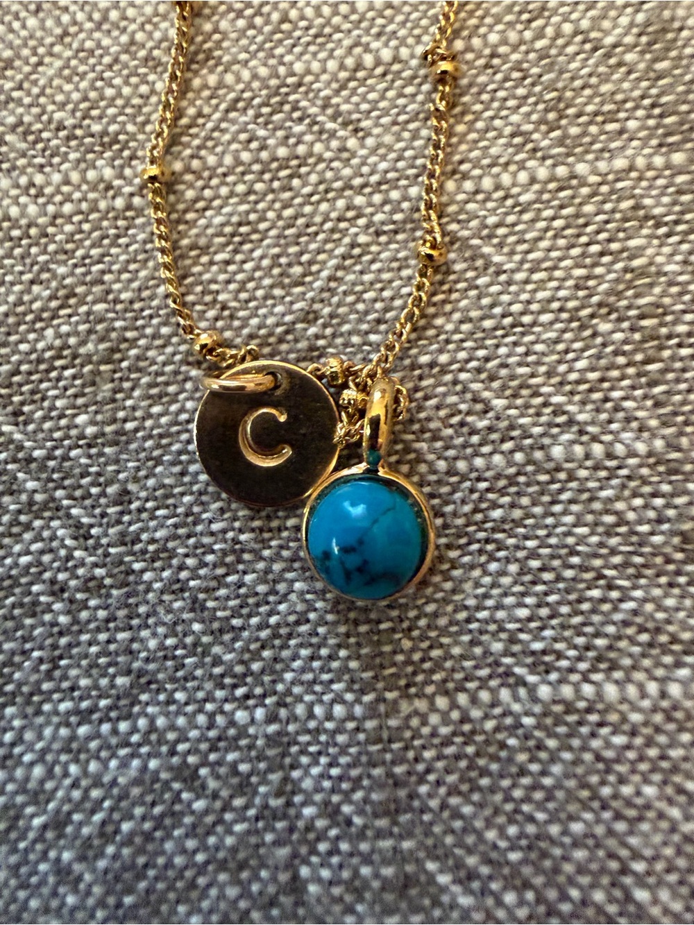 Vintage Gold Filled Chain Necklace with Turquoise Charm and C charm - Picture 5 of 8